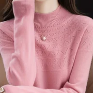 Swetry damskie - TEMU Damski Elegancki Sweter z Długim Rękawem i Okrągłym Dekoltem - Przytulny Jesienno-Zimowy Pulower z Detalem Oczkowym, Beżowy, Wszechstronny - miniaturka - grafika 1