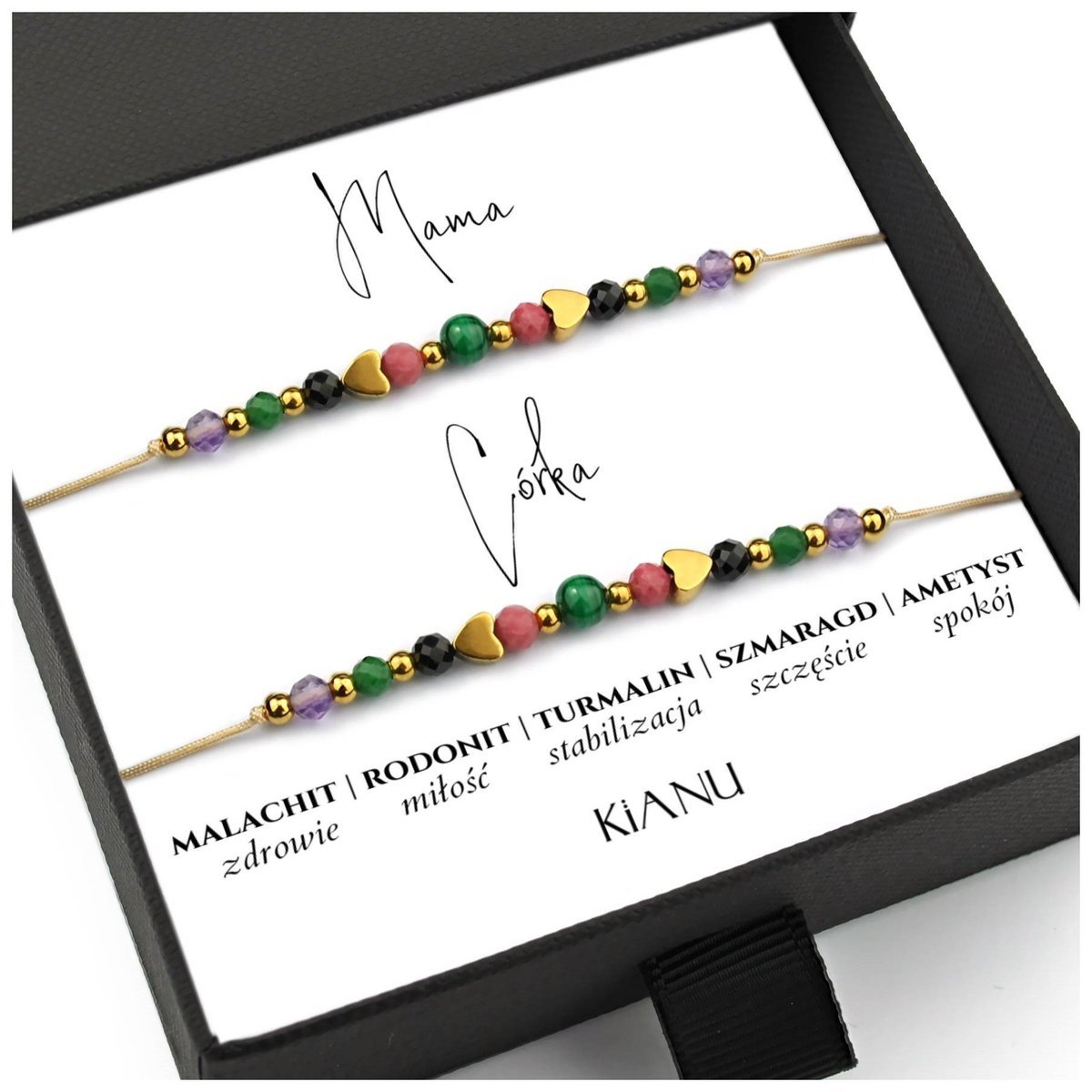 Zestaw Bransoletek dla Mamy i Córki Malachit Czarny Turmalin Prezent na Dzień Mamy