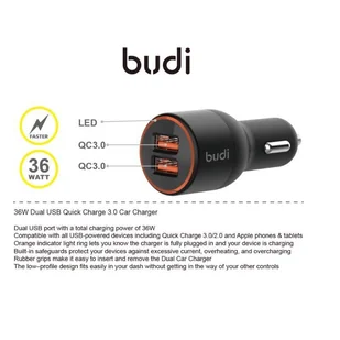 Budi - Ładowarka samochodowa 2x USB, 36W, QC3.0 (Czarny) - Ładowarki do telefonów - miniaturka - grafika 3