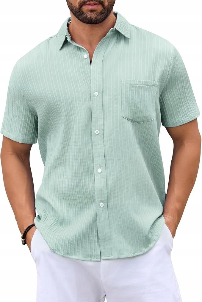 Koszula Męska Letnia Bawełniana M Krótki Rękaw Jasnozielona w Paski