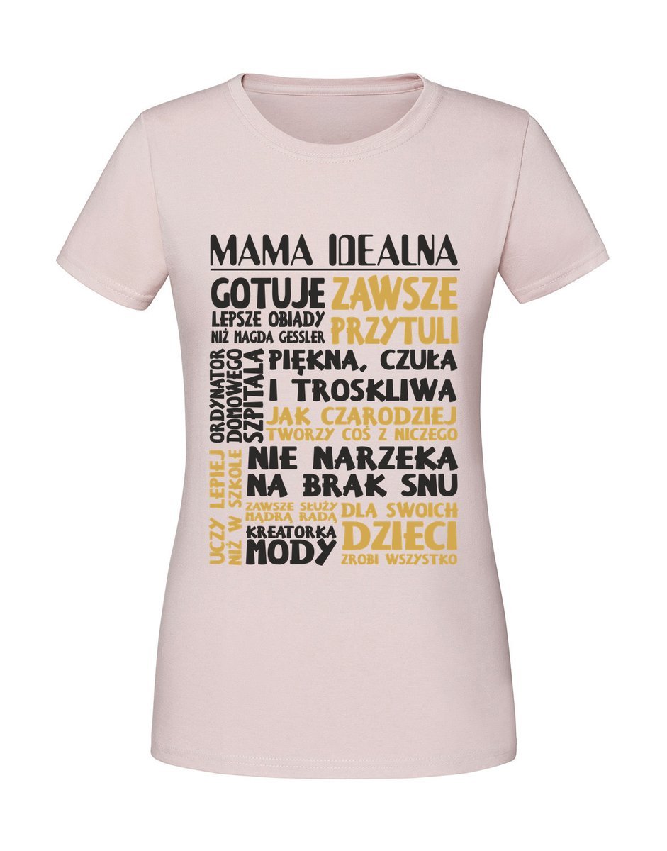 Damska koszulka z nadrukiem - Mama idealna cechy Pudrowy Róż XXL