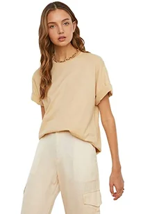 Trendyol Koszulka damska, beżowa, 100% bawełna Bicycle Collar Boyfriend Knitted T-Shirt, S/M - Koszulki i topy damskie - miniaturka - grafika 1