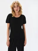 Bluzki damskie - Czarna bluzka z bufiastym rękawem - miniaturka - grafika 1