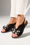 Espadryle damskie - Czarne sandały z koralikami damskie na ozdobnej płaskiej podeszwie Casu ER24X18-B-37 - miniaturka - grafika 1