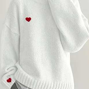 TEMU Nowy Zimowy Modny Sweter, Biało-Czerwony Wzór z Serduszkiem Elegancka Luźna Bluzka Długi Rękaw Damska Warstwa Podstawowa na Jesień i Zimę - Swetry damskie - miniaturka - grafika 1