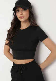 Czarny T-shirt z Wiskozą o Dopasowanym Kroju Typu Crop Top Folirra - Koszulki i topy damskie - miniaturka - grafika 1