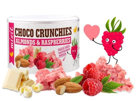 MIXIT Choco Crunchies Almonds & Rasberries - Biała czekolada z migdałami i malinami, 140g