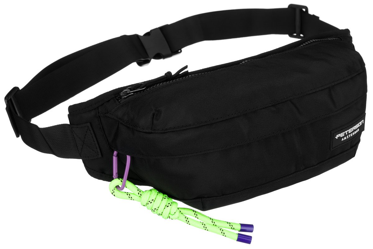 Sportowa nerka crossbody czarna saszetka na biodra lub przez ramię unisex PETERSON kieszonki na suwak ozdobny karabińczyk lekka miejska funkcjonalna