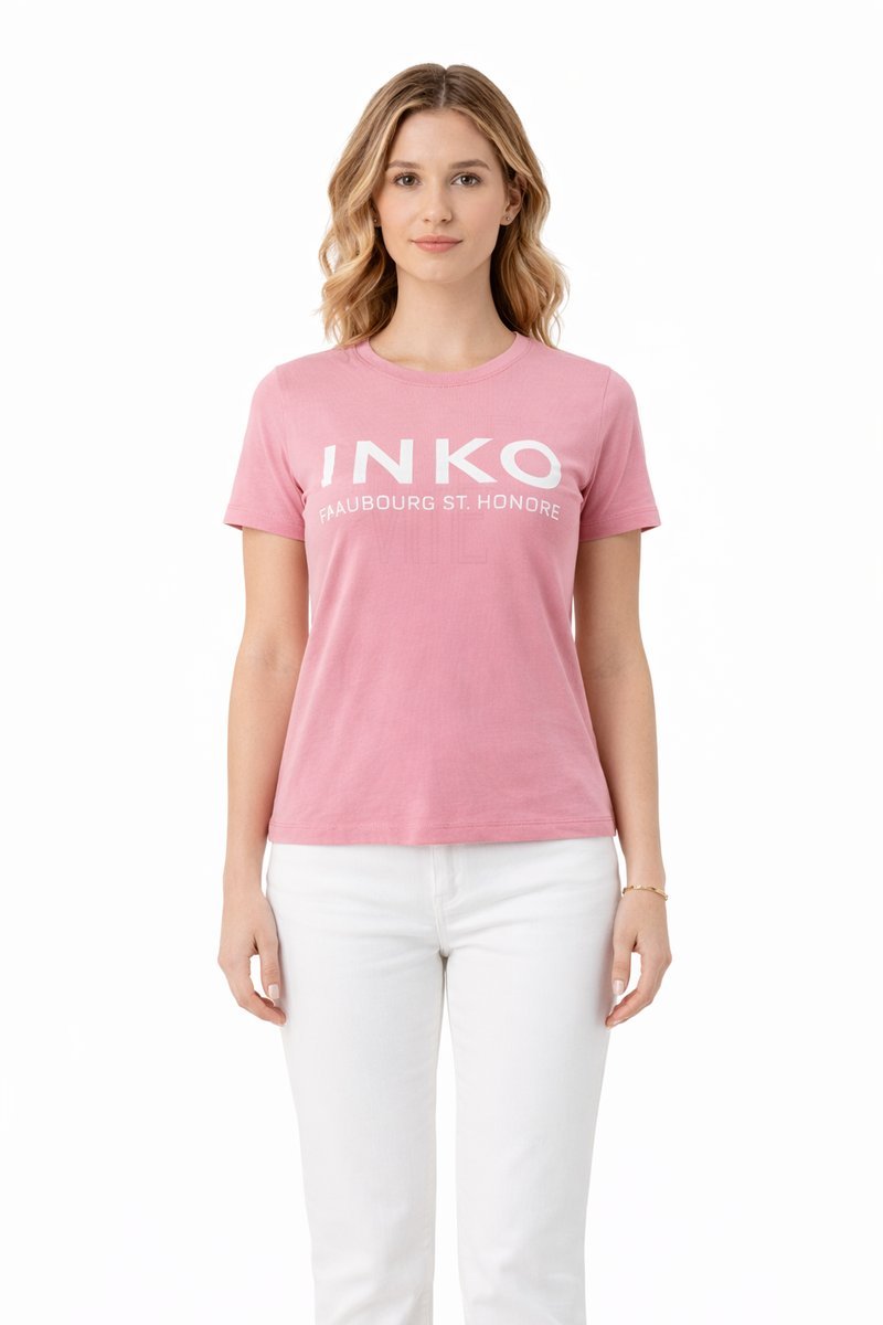 PINKO RÓŻOWY T SHIRT BAWEŁNIANY Z NADRUKIEM I OKRĄGŁYM DEKOLTEM M I3A