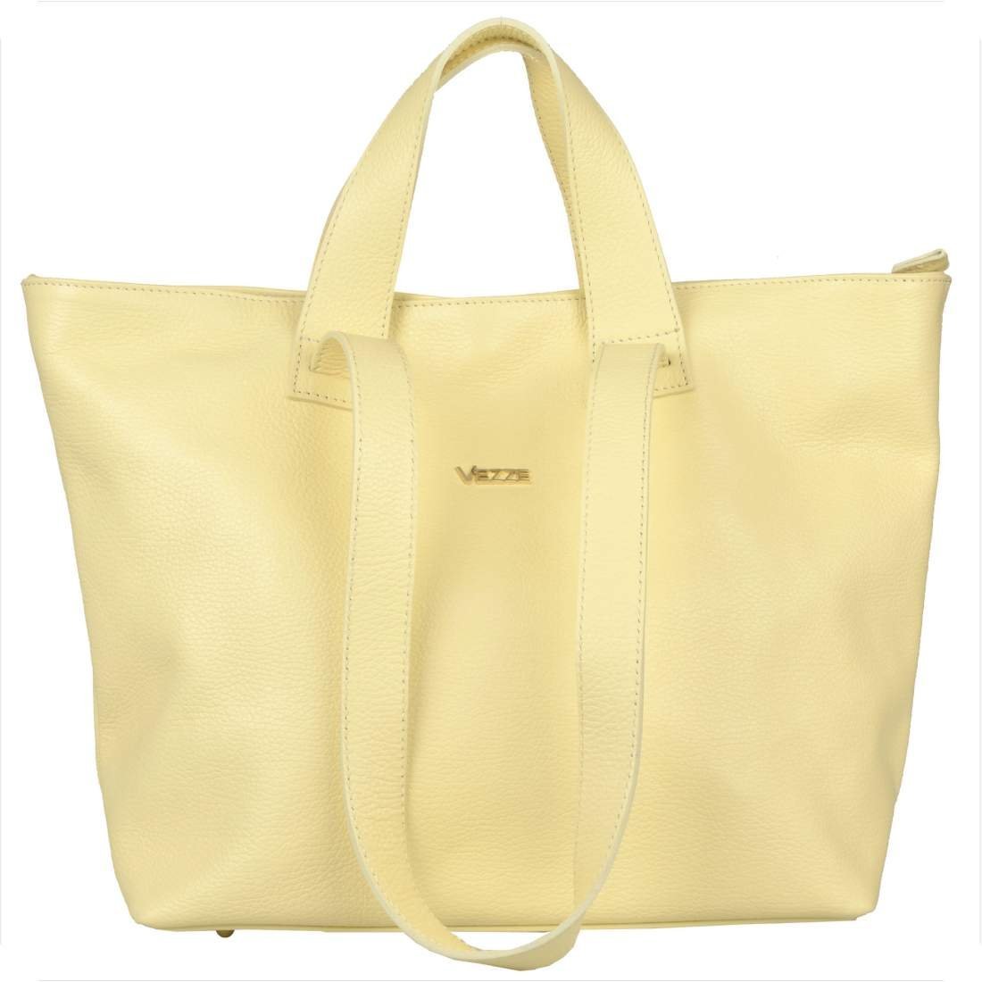 VEZZE Torba skórzana shopper bag żółty pastelowy na ramię i do ręki złote okucia
