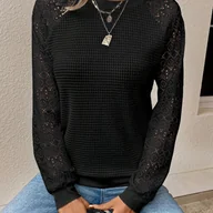 Swetry damskie - TEMU Sweter Damski z Długim Rękawem i Okrągłym Dekoltem - Elegancki, Czarny z Koronkowymi Detalami, Regularny Krój, Casualowy Top na Wiosnę/Jesień, - miniaturka - grafika 1