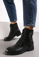 Botki damskie - Czarne Botki Workery Ozdobione Suwakiem i Wstawkami z Imitacji Zamszu Esanotte - miniaturka - grafika 1