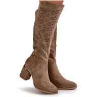 Kozaki damskie - Ażurowe Kozaki Damskie Na Słupku Z Eko Zamszu Vinceza 16443 Ciemnobeżowe beżowy - miniaturka - grafika 1