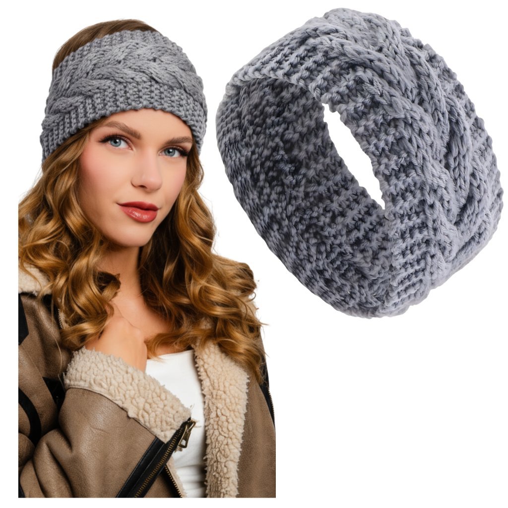 Opaska do Włosów Szara Na Głowę Uszy Szeroka z Warkoczem Ciepła Zimowa