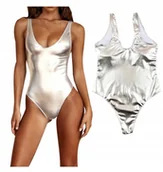 Stroje kąpielowe - SREBRNY METALICZNY STRÓJ JEDNOCZĘŚCIOWY BODY M - miniaturka - grafika 1