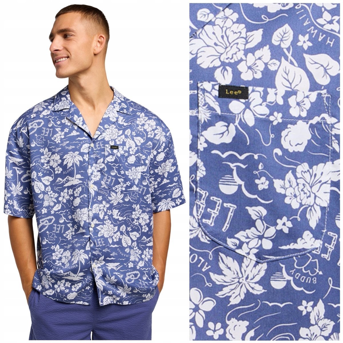 Lee CAMP SHIRT Surf Blue bardzo luźna niebieska koszula krótki rękaw M