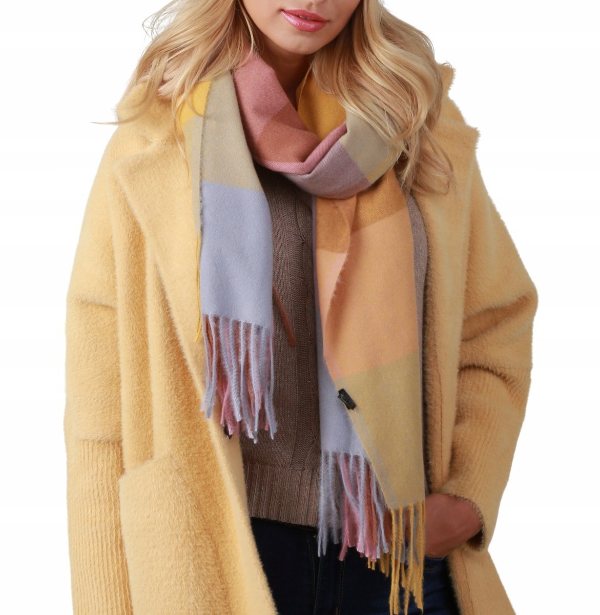 Damski szalik w kratę Chusta SZAL frędzle wz6