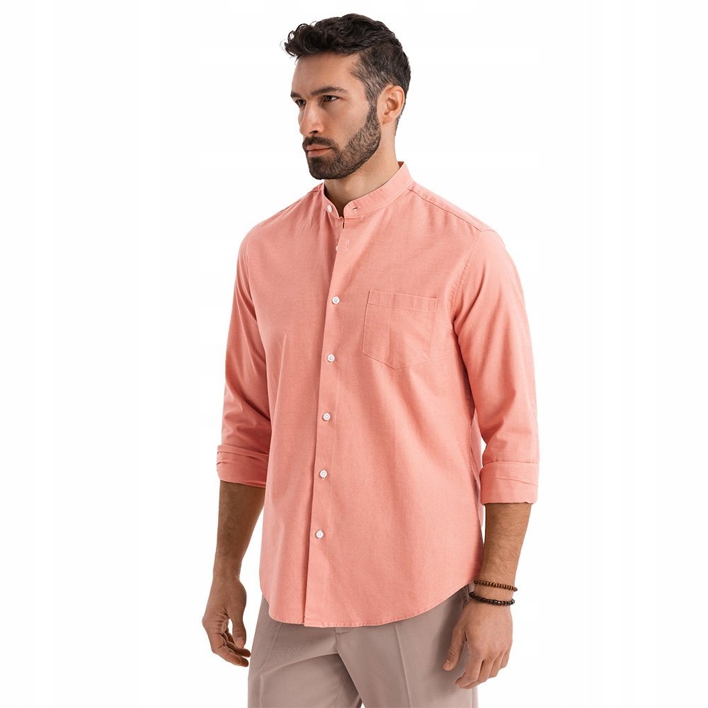 Męska koszula lniana casual regular fit stójka różowa OM-SHCS-0161 V1 r L