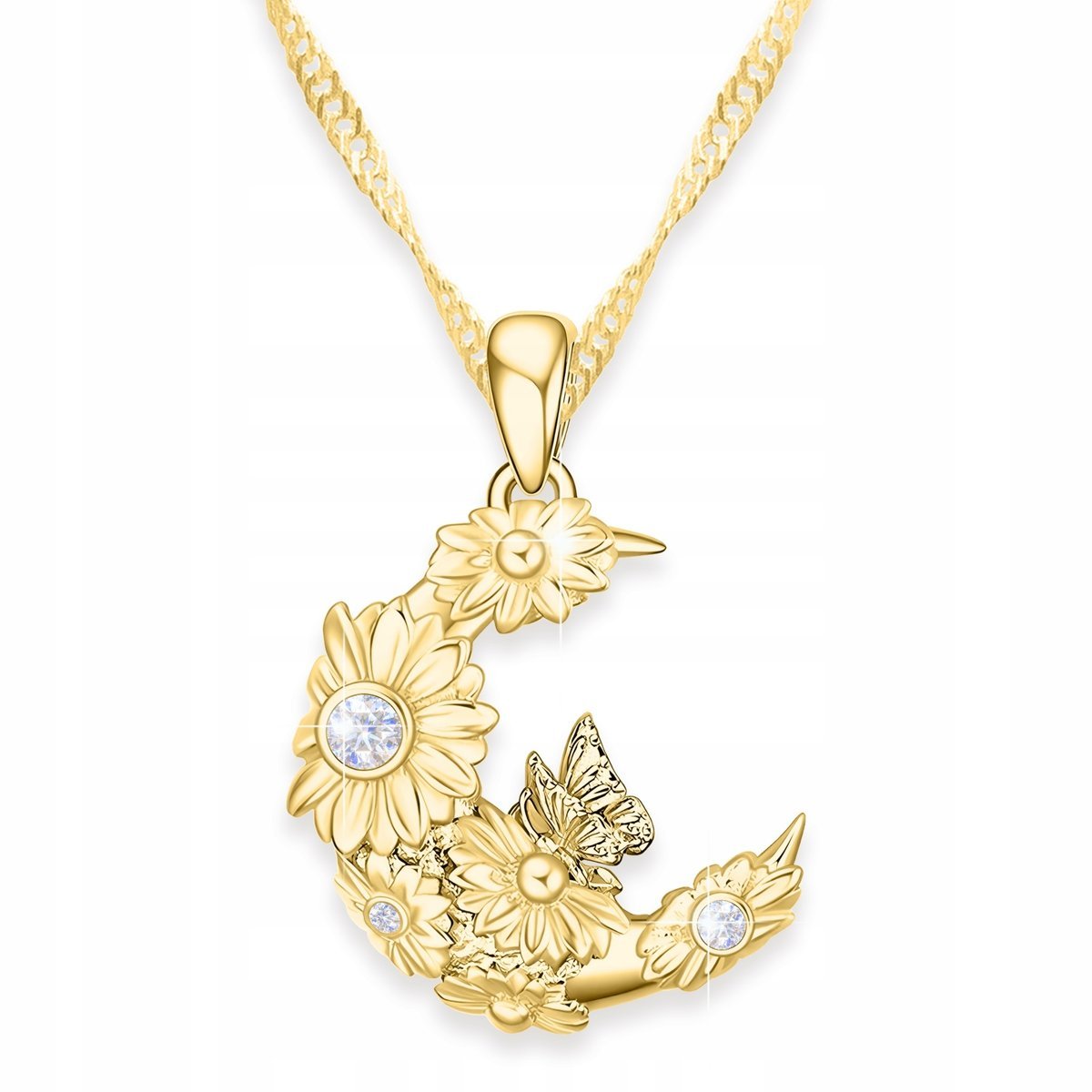 Złoty Naszyjnik z Motylem Półksiężyc Księżyc Motyl Kwiat Życia SREBRO 925