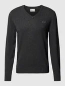 Swetry męskie - Sweter z dzianiny z mieszanki wełny jagnięcej z dekoltem w serek - miniaturka - grafika 1