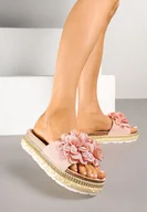 Klapki i japonki damskie - Różowe Klapki na Grubej Podeszwie Zdobione Kwiatową Aplikacją Sopelle - miniaturka - grafika 1