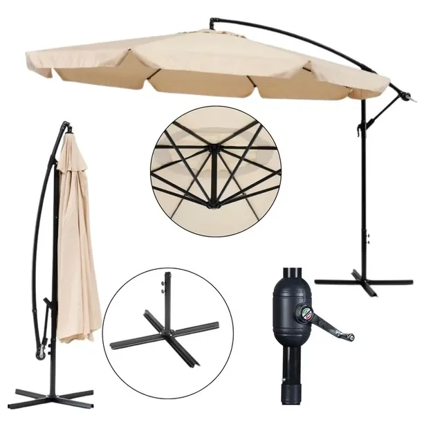 Parasol Ogrodowy Duży 350 Cm Z Wysięgnikiem Falbaną Korbką Solidny Składany
