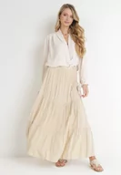 Spódnice - Beżowa Rozkloszowana Spódnica Maxi z Gumką w Pasie i Falbanami z Wiskozy Ramsa - miniaturka - grafika 1