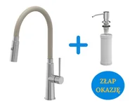 Baterie kuchenne - Quadron POP Bateria zlewozmywakowa stalowa GINA STEELQ z elastyczną beżową wylewką i funkcją prysznica plus dozownik okrągły do płynu KEIRA kolor chrom - miniaturka - grafika 1