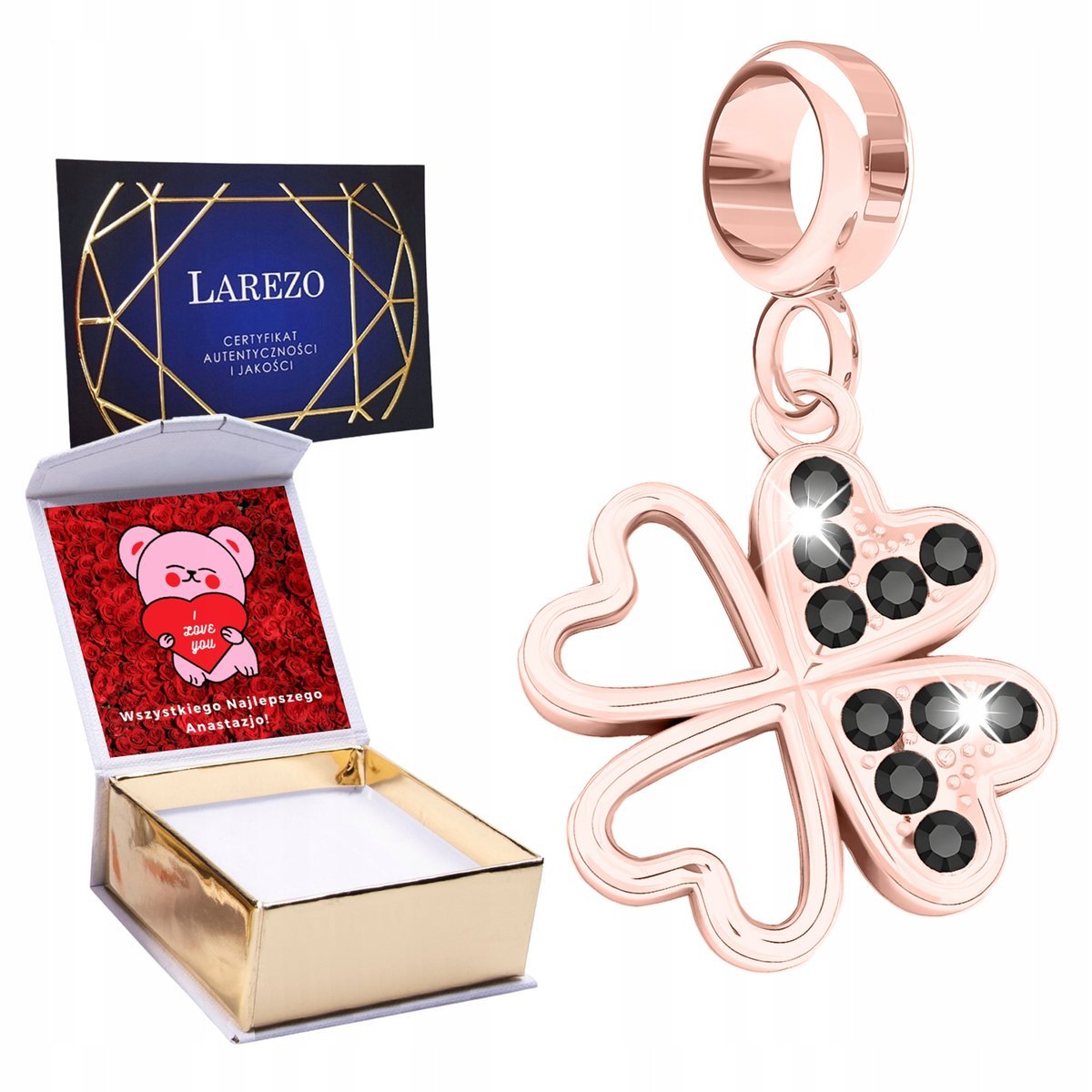 CHARMS POZŁACANY Wiszący Czterolistna Koniczyna na Szczęście Roślina NADRUK