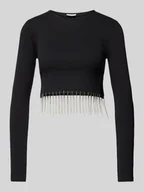 Bluzki damskie - Bluzka krótka z długim rękawem i obszyciem kamieniami stras model ‘MAYA’ - miniaturka - grafika 1