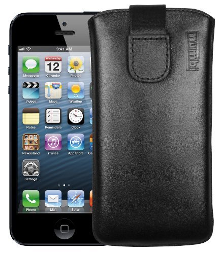 mumbi Etui na telefon komórkowy prawdziwa skóra z klapką i paskiem do podciągania do iPhone'a 5 czarne