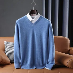 Sweter męski 100% wełna zimowy sweter dzianinowy jesienny sweter męski swetry kaszmirowe dzianinowy top długi rękaw jasnoniebieski S - Swetry męskie - miniaturka - grafika 1