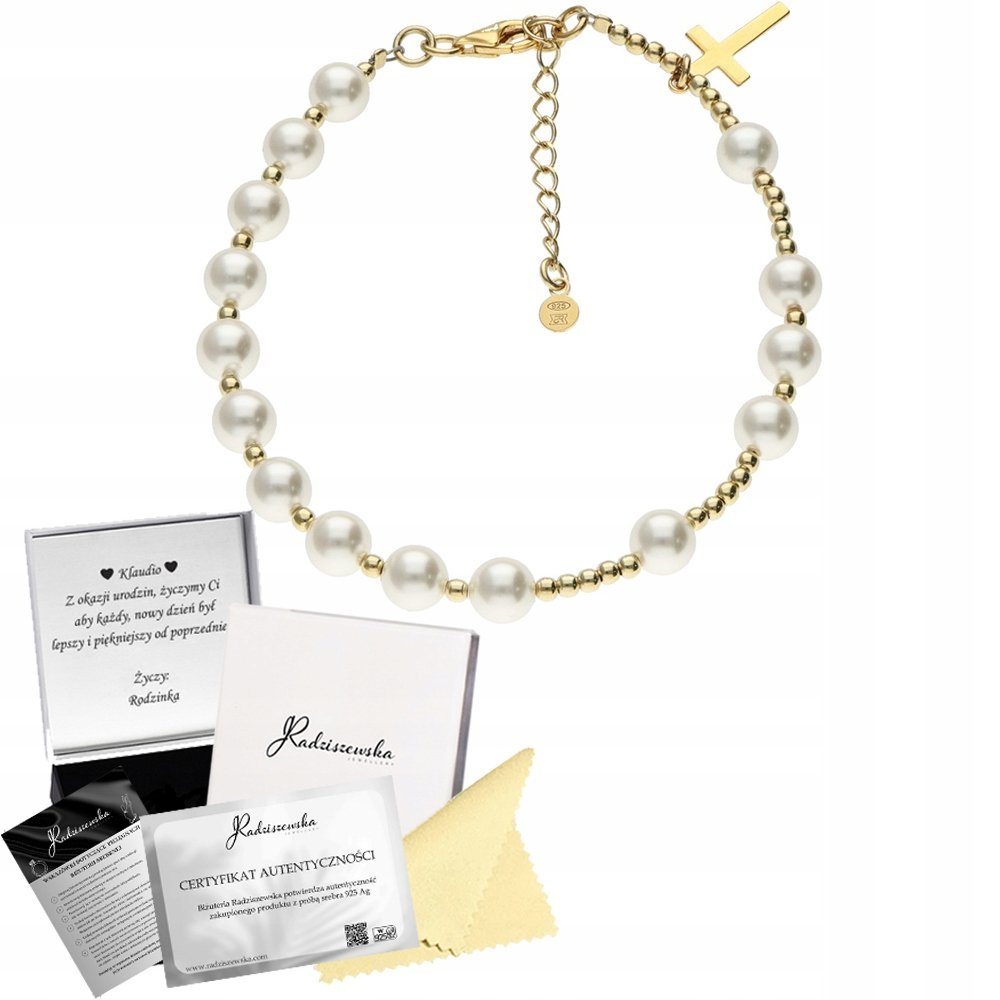 Perłowy Różaniec Bransoletka Złota Krzyżyk Prezent Biżuteria Srebro 925