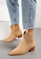Botki damskie - Brązowe Ażurowe Botki Vices w Stylu Kowbojek na Obcasie Norfedi - miniaturka - grafika 1