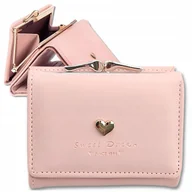 Portfele - Mały Portfel portmonetka zatrzask z serduszkiem skórzany różowy damski - miniaturka - grafika 1