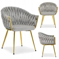 Krzesła - Obszerne Krzesło Fotel Do Stołu Warkocz Z Weluru Iris Szare Złote Glamour - miniaturka - grafika 1