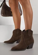 Botki damskie - Brązowe Skórzane Botki Typu Kowbojki na Stożkowym Obcasie Lianessea - miniaturka - grafika 1