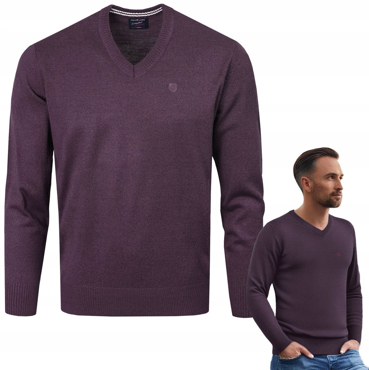 SWETER Męski w Serek Elegancki Gładki ŚLIWKOWY melanż M Pako Jeans