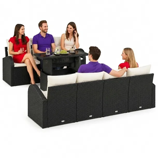 Zestaw Ogrodowy Sofa Narożna Rattan Beżowy, 8 Elementów