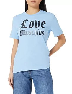 Koszulki i topy damskie - Love Moschino Koszulka damska, krój regularny, z krótkim rękawem, z logo Shiny Mylar Gothic Logo Print, Light Blue, 40 - grafika 1