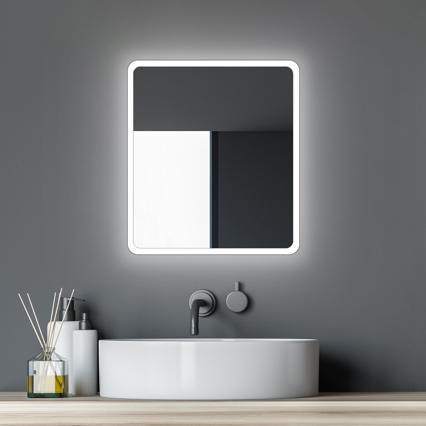 Lustro łazienkowe z oświetleniem TALOS Moon LED 40x45 cm - nadaje się do wilgotnych pomieszczeń dzięki aluminiowej ramie - jasny kolor neutralny biały