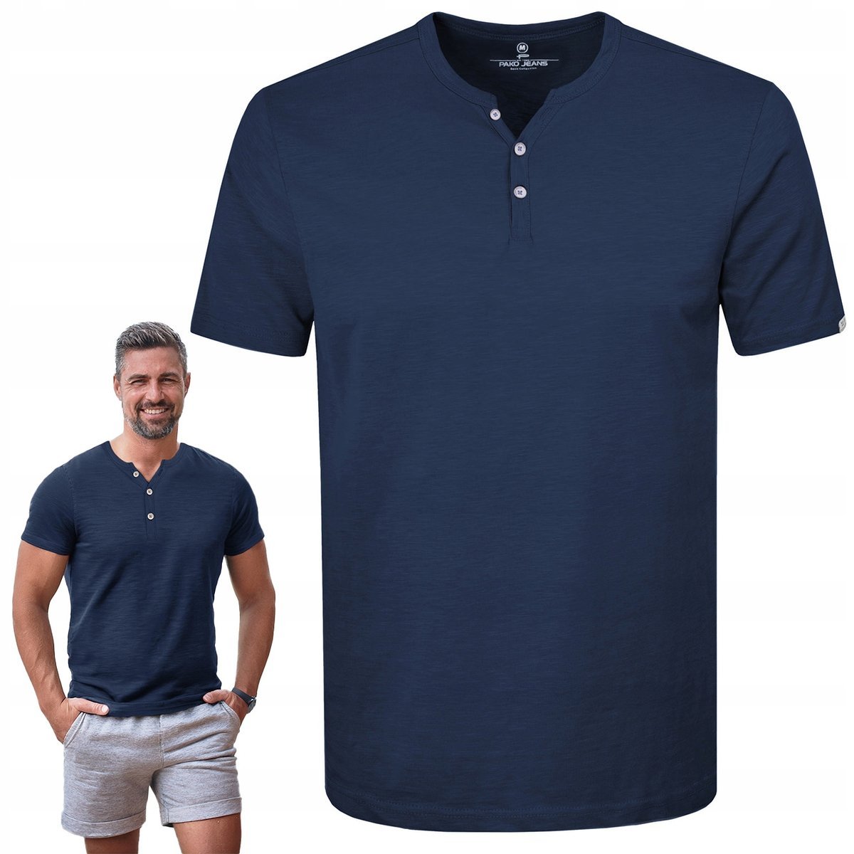 T-SHIRT Męski Koszulka w Serek GRANATOWA Bawełniana NOEL 2XL Pako Jeans
