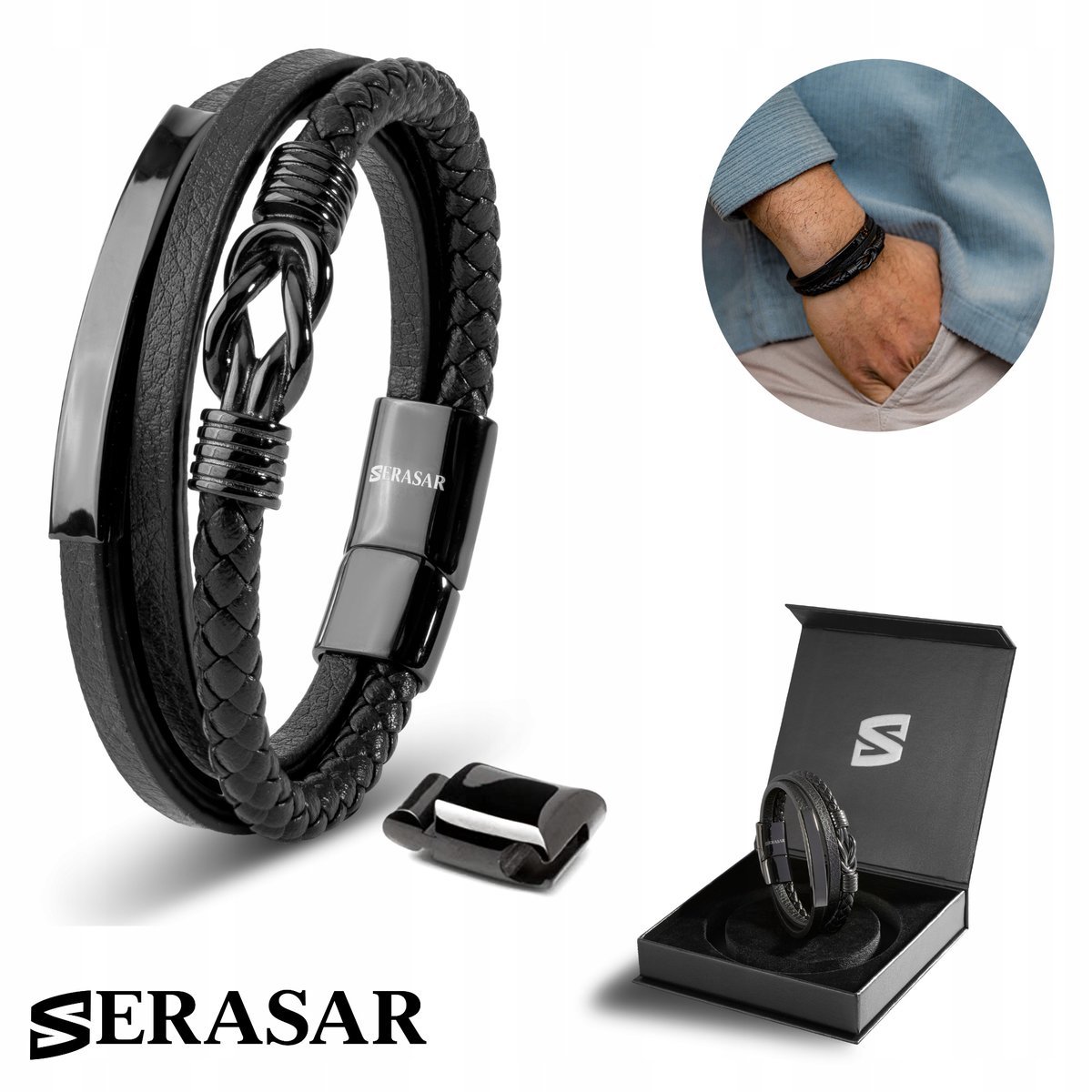 SERASAR, męska skórzana bransoletka „Proud”, czarna, 20 cm, ze stalowym zapięciem magnetycznym, idealny prezent urodzinowy dla brata lub ojca