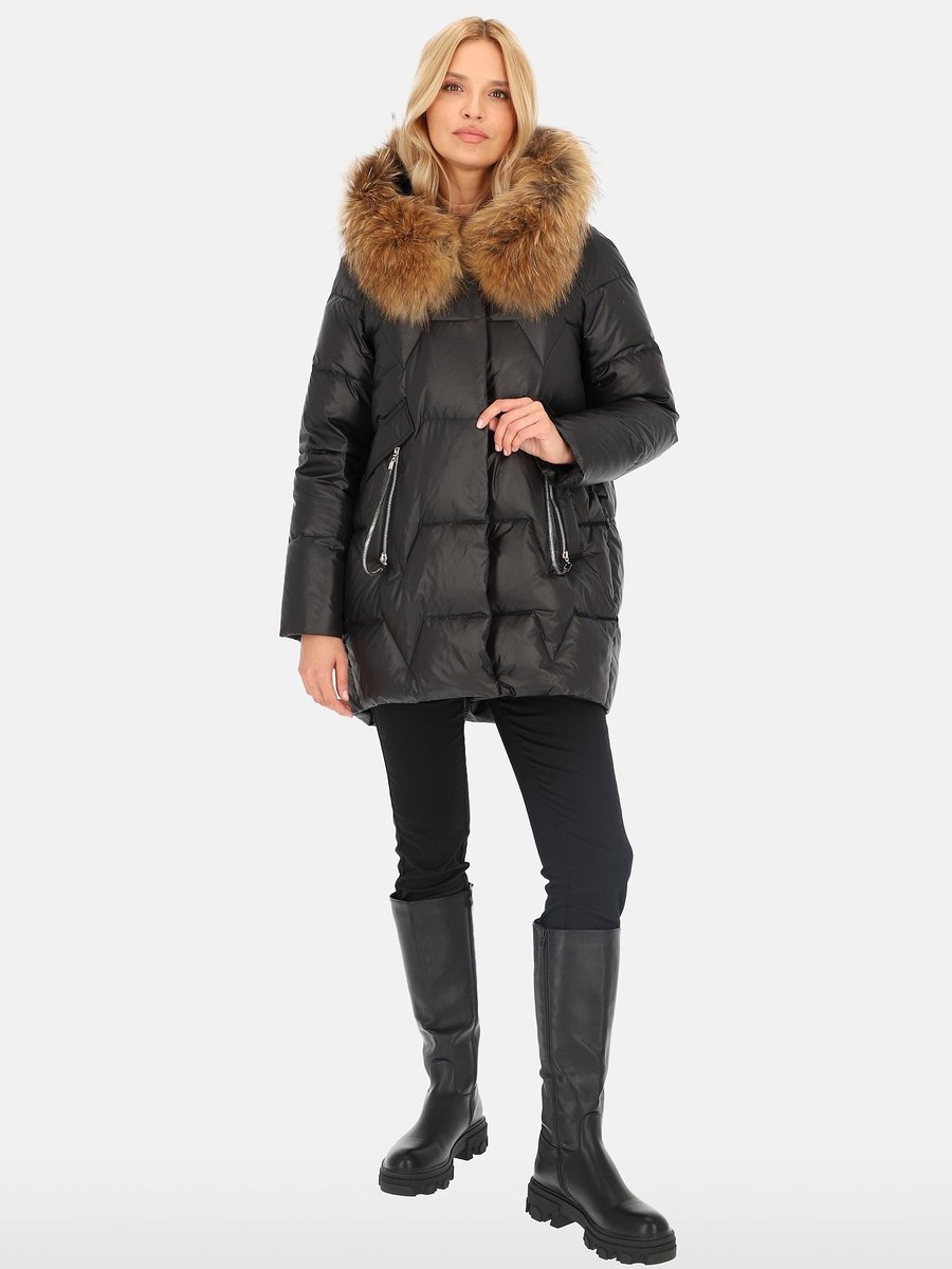Kurtka damska puchowa długości ¾ z futrem jenota Czarny 3XL