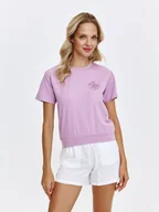 Koszulki i topy damskie - Fioletowy t-shirt z subtelnym nadrukiem - miniaturka - grafika 1