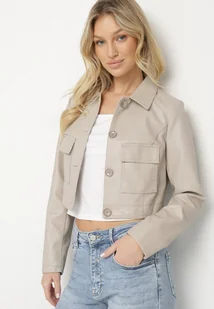 Beżowa Krótka Kurtka z Imitacji Skóry o Koszulowym Kroju z Kieszeniami Sesonia - Kurtki damskie - miniaturka - grafika 1