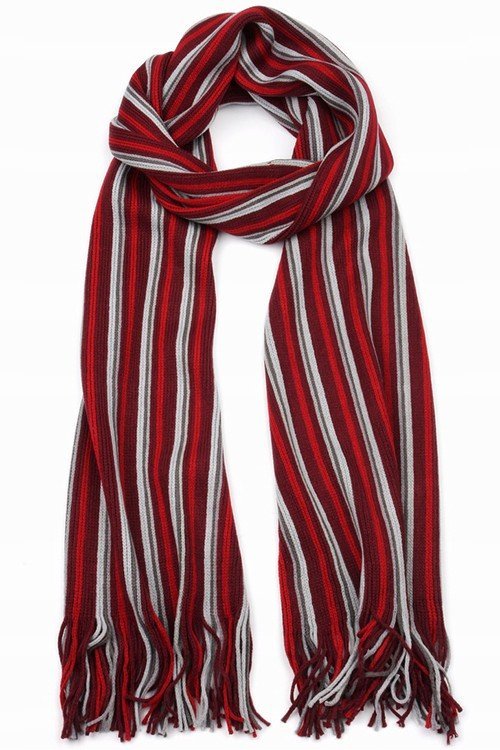 CIEPŁY ZIMOWY Szalik Szal w Paski Duży 180cm Dziany Bordowy CASUAL st32