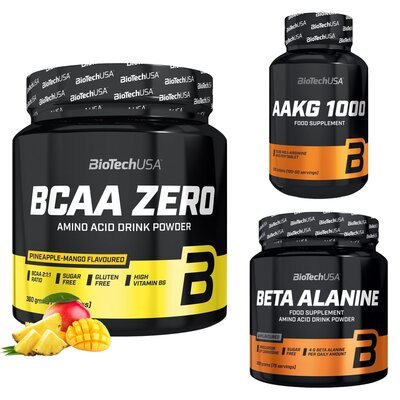 Aminokwasy Beta-alanina BIOTECH (300 g) + Przedtreningówka BIOTECH AAKG 1000 (100 tabletek) + Aminokwasy BCAA BIOTECH Zero Ananasowo-mango (360 g)
