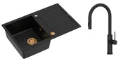 Zlewozmywaki z baterią - Quadron Unique Zlew granitowy jednokomorowy 78*50*22 cm z ociekaczem MORGAN 111 PURE CARBON z syfonem Push-2-Open w kolorze miedź z baterią JENNIFER Q LINE SLIM PURE CARBON z wyciąganą wylewką i funkcją prysznica kolor czarny mat-DARMOWADOSTAWA - miniaturka - grafika 1