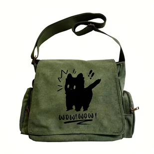 TEMU Damska Oliwkowa Zielona Torba Kurierska Inspirowana Japońskim Anime - Duża Pojemność z Nadrukiem Kota, Regulowany Pasek i Zamek Błyskawiczny, - Torebki damskie - miniaturka - grafika 1